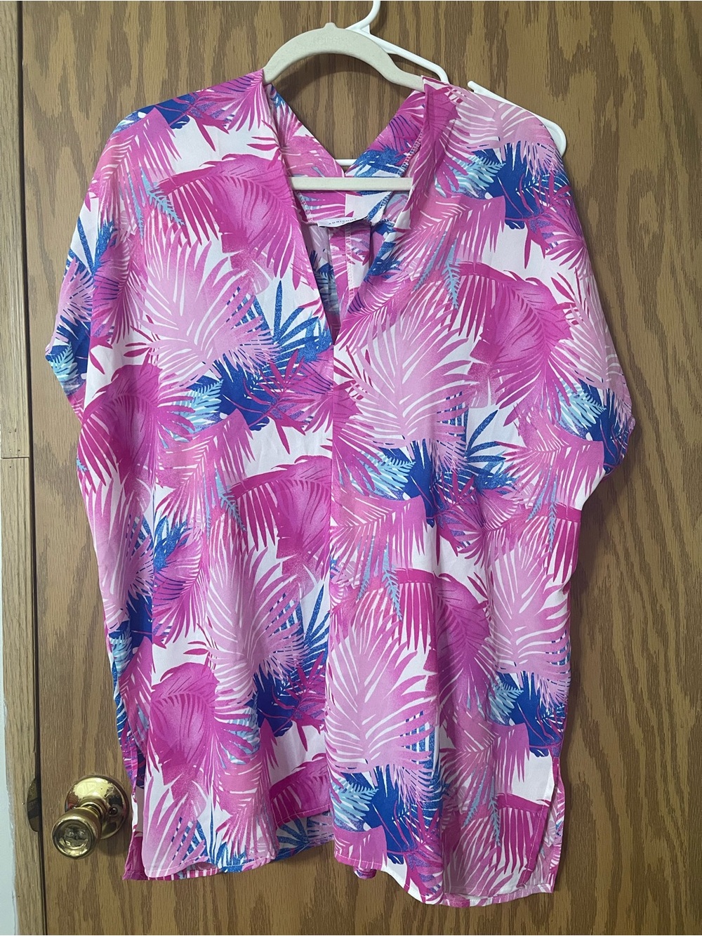 Adrienne Pink and Blue Tropical Leaf Double V-Neck Blouse